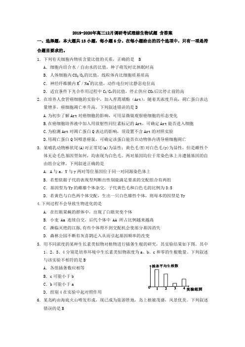 2019-2020年高三12月调研考试理综生物试题 含答案