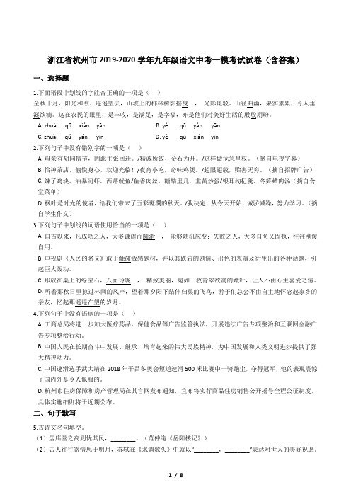 浙江省杭州市2019-2020学年九年级语文中考一模考试试卷(含答案)