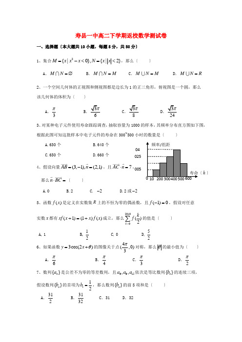 (整理版)寿县一中高二下学期返校数学测试卷