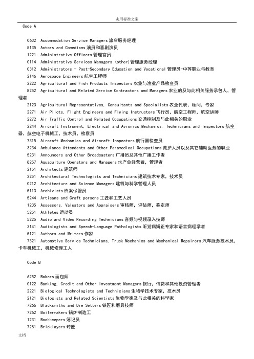 加拿大技术移民中可选择地OAB类职业列表(中英文对照)