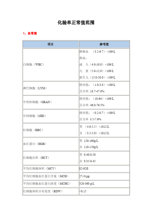 化验单正常值范围