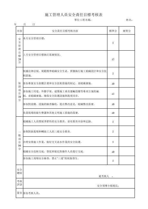 施工管理人员安全责任目标考核表