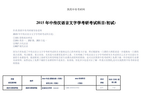 2015年中传汉语言文字学考研考试科目(初试)