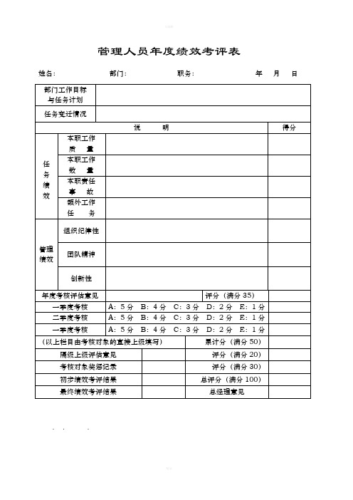 公司管理人员年度绩效考评表