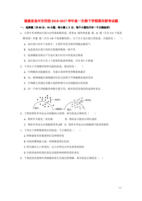 福建省泉州市四校高一生物下学期期末联考试题