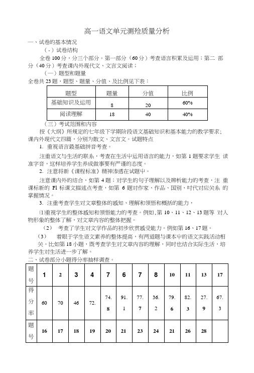 高一语文单元测验质量分析.doc