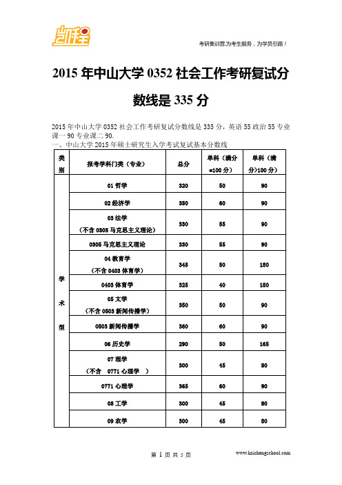 2015年中山大学0352社会工作考研复试分数线是335分