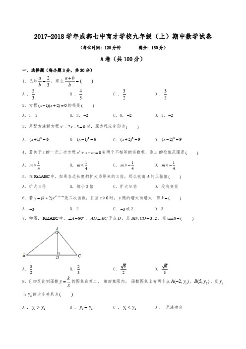 2017-2018学年成都市成都七中育才学校九年级(上)期中数学试卷(含解析)