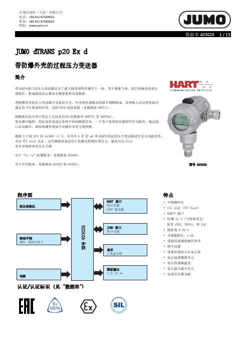 久茂自动化（大连）有限公司 403026 JUMO dTRANS p20 Ex d 带防爆外壳的过程