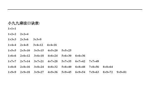 最新小九九乘法口诀表打印版