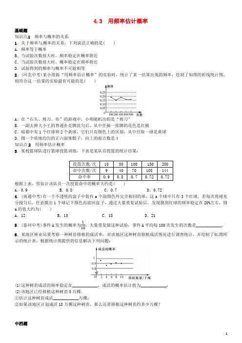 春九年级数学下册4.3用频率估计概率习题(新版)湘教版【含解析】