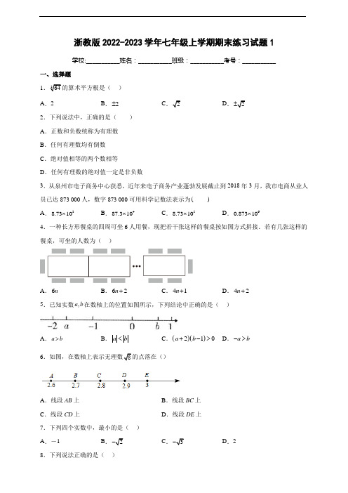 浙教版2022-2023学年七年级上学期期末练习试题1(含解析)