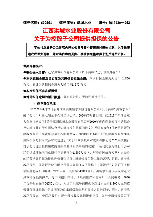 洪城水业：关于为控股子公司提供担保的公告