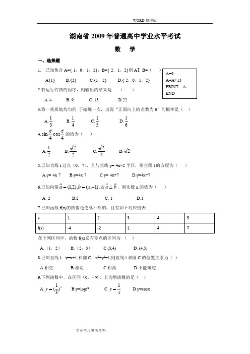 2009_2017湖南省普通高中学业水平考试数学试卷及答案解析