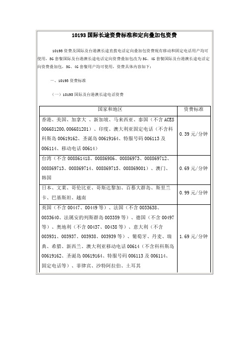 10193国际长途资费标准和定向叠加包资费