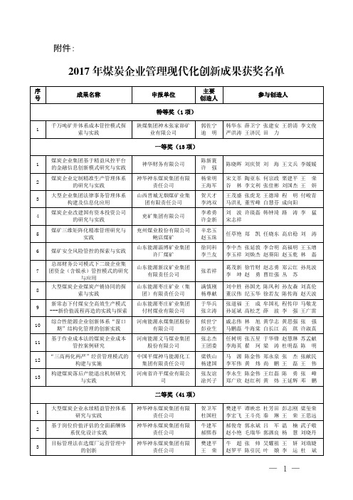 2017年煤炭企业管理现代化创新成果获奖名单