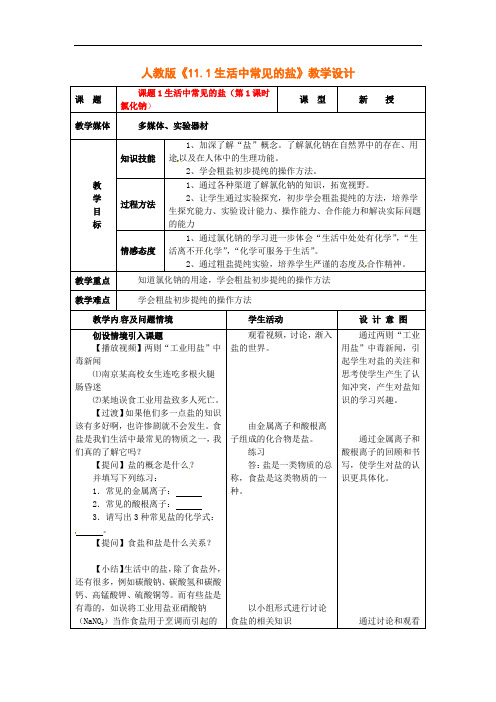 人教版九年级化学下册 《11.1生活中常见的盐》教学设计