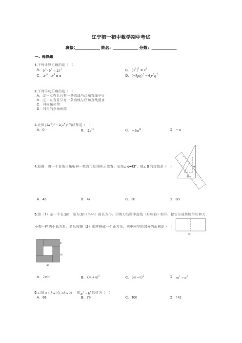 辽宁初一初中数学期中考试带答案解析
