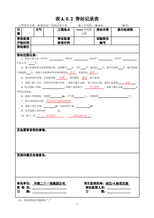 桥梁桥墩支承垫石混凝土旁站记录表及填写要求新格式201910