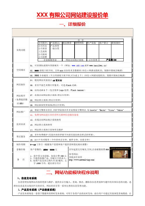 XXX有限公司网站建设报价单