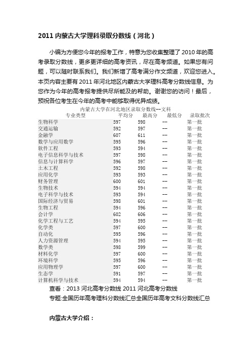 2011内蒙古大学理科录取分数线（河北）