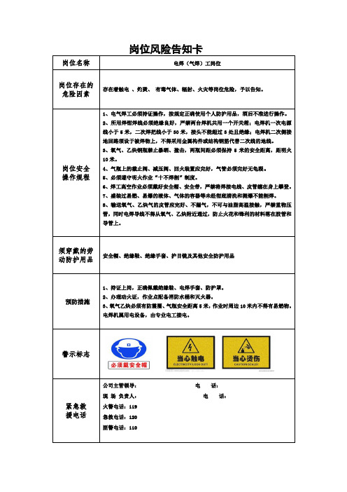 建筑施工岗位风险告知卡