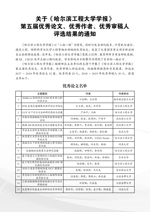 关于《哈尔滨工程大学学报》第五届优秀论文、优秀作者、优秀审稿人评选结果的通知