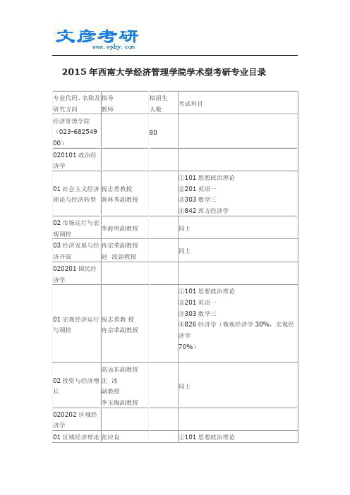 2015年西南大学经济管理学院学术型考研专业目录_西南大学考研网