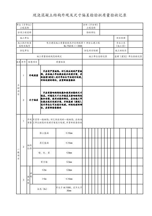 现浇混凝土结构外观及尺寸偏差检验批质量验收记录