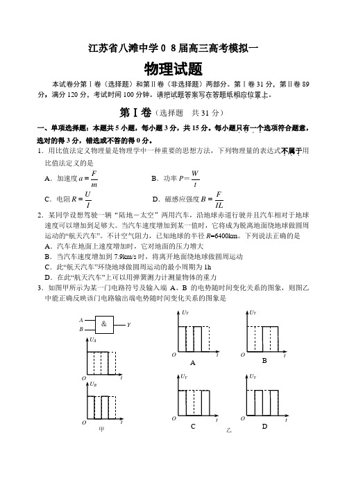 江苏省八滩中学08届高三高考模拟一物理试题