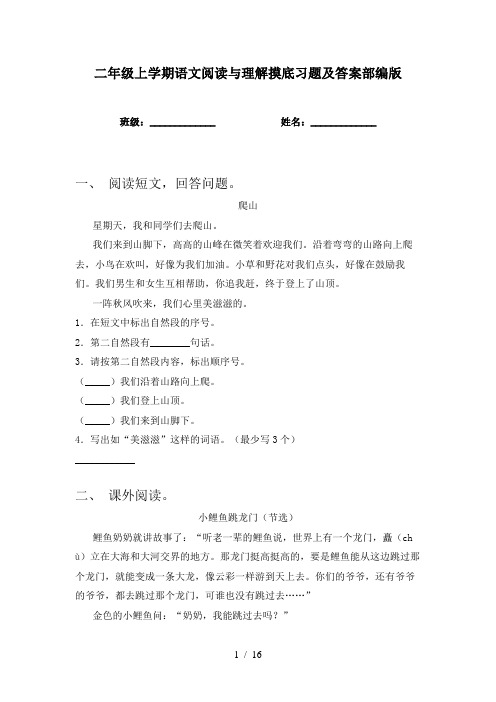 二年级上学期语文阅读与理解摸底习题及答案部编版