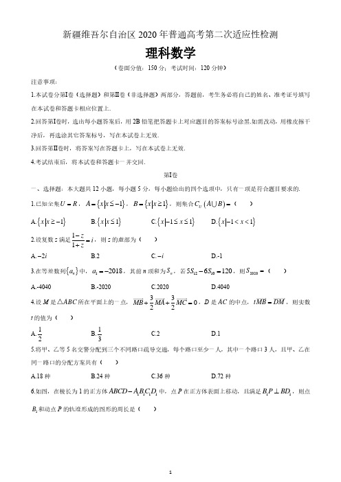 新疆2020年普通高考第二次适应性检测理科数学 含答案