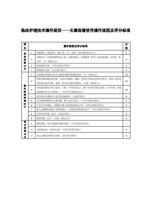 临床护理技术操作规范——无菌容器使用操作流程及评分标准