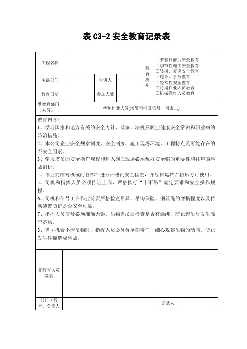 塔吊特种作业人员安全教育记录表