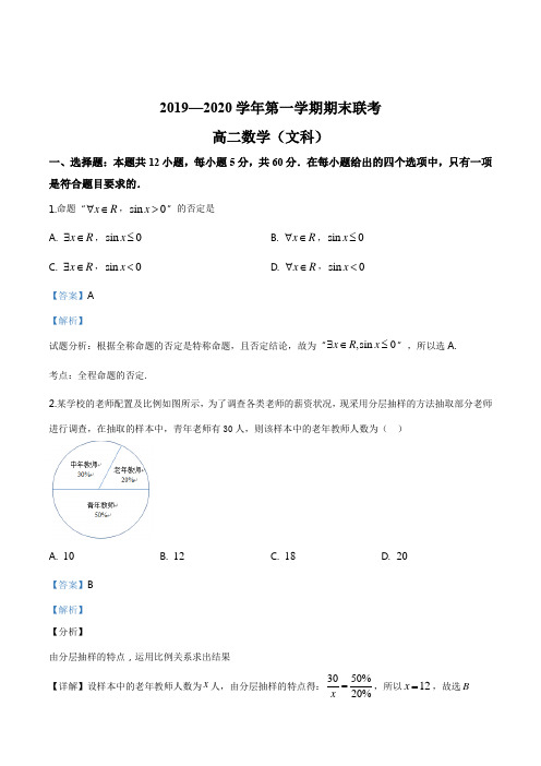 安徽省滁州市九校2019-2020学年高二上学期期末考试数学(文)试题(解析版)