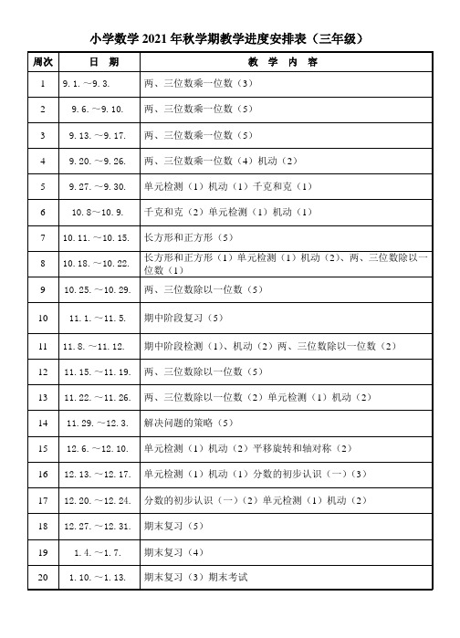 三上数学教学进度表2021年