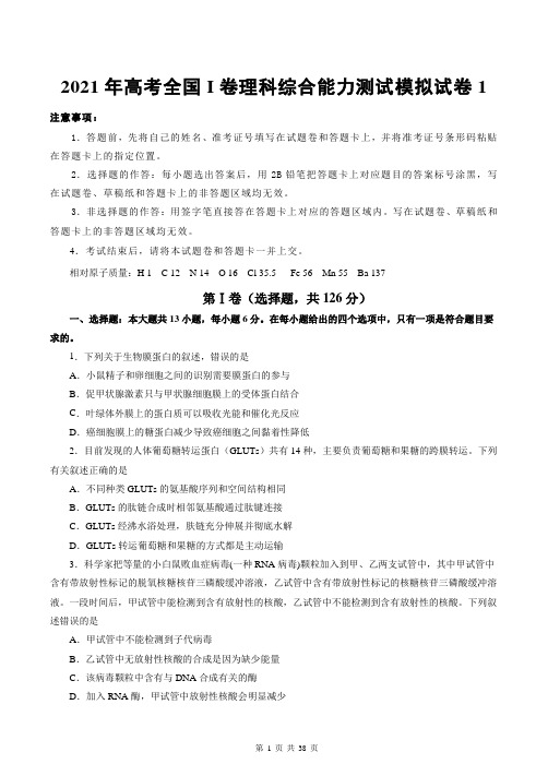 2021年高考全国I卷理科综合能力测试模拟试卷1(含答案解析)