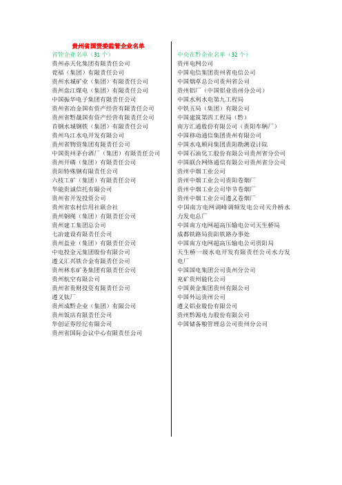 贵州省国资委监管企业名单