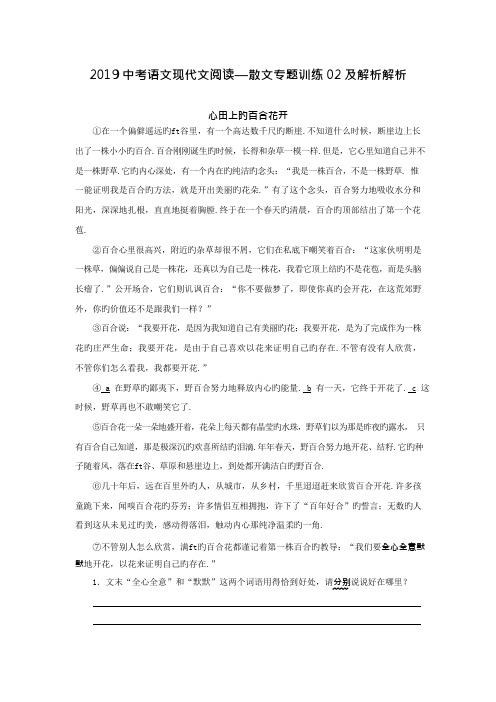 2019中考语文现代文阅读—散文专题训练02及解析解析(最新整理)