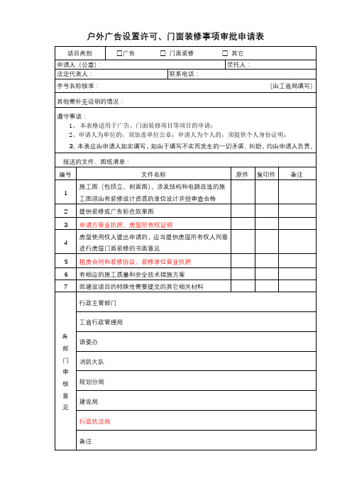 户外广告设置许可、门面装修事项审批申请表【模板】