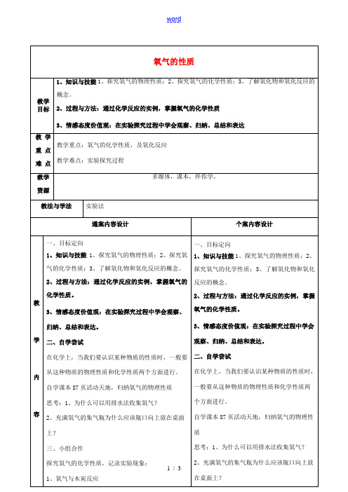 八年级化学全册 4.2《氧气》氧气的性质教案1 (新版)鲁教版五四制-鲁教版五四制初中八年级全册化学