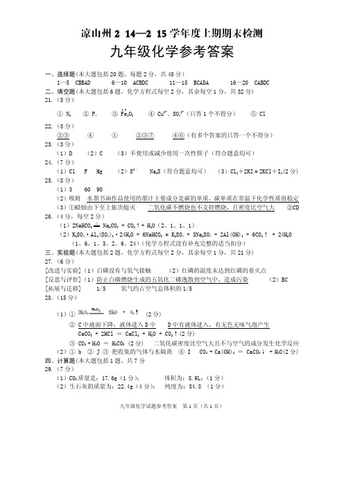 九年级化学参考答案