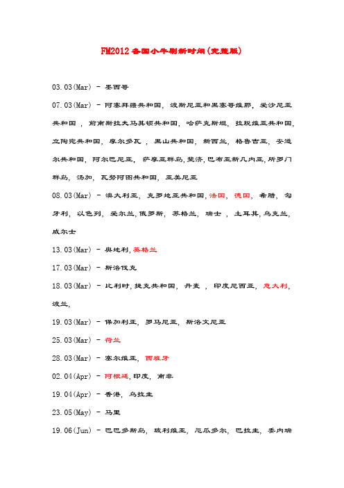 FM2012各国小牛刷新时间(完整版)