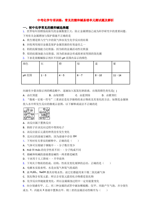 中考化学专项训练：常见的酸和碱易错单元测试题及解析