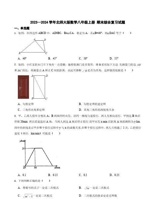 北师大版2023—2024学年数学八年级上册 期末综合复习试题(1)