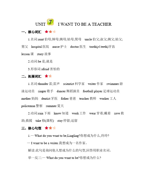 北京课改版三年级英语下册Unit 7 I want to be a teacher知识清单