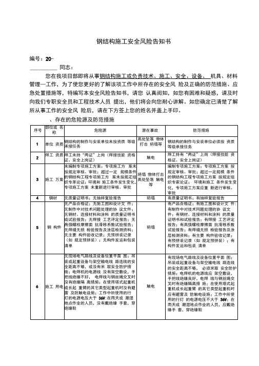 钢结构施工安全风险告知书