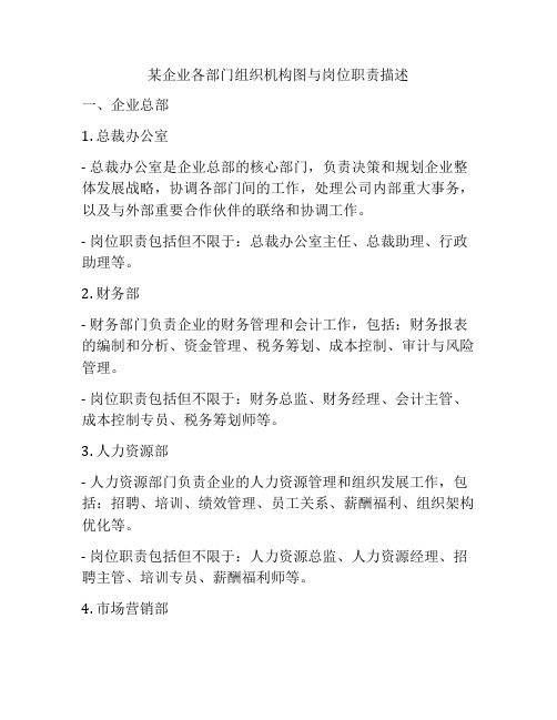 某企业各部门组织机构图与岗位职责描述