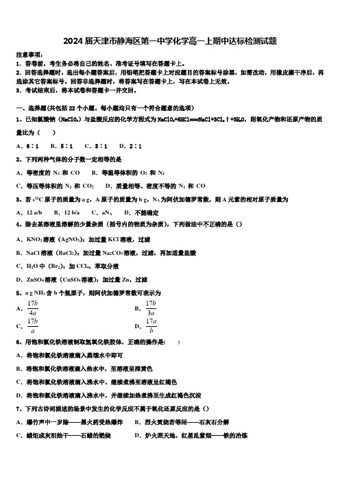 2024届天津市静海区第一中学化学高一上期中达标检测试题含解析