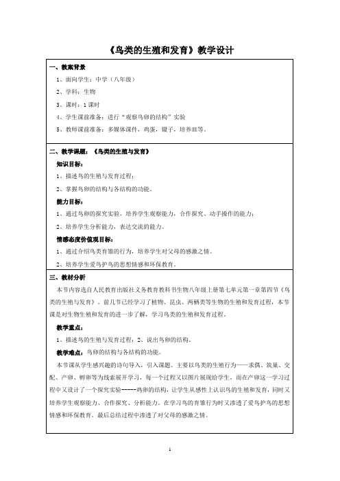 鸟类的生殖与发育 教学设计(公开课)